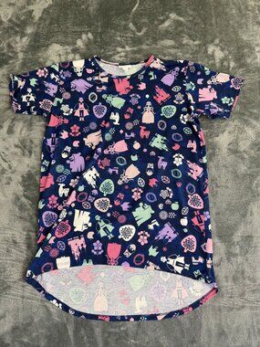 LuLaRoe Girls Hi-Low Hem Short Sleeve SHIRT Multicolor Princess Print Size 14